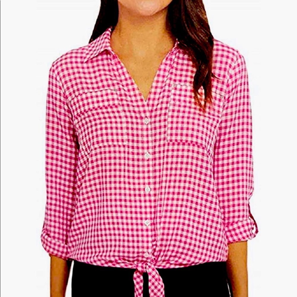 Pink and white checkered gingham summer blouse